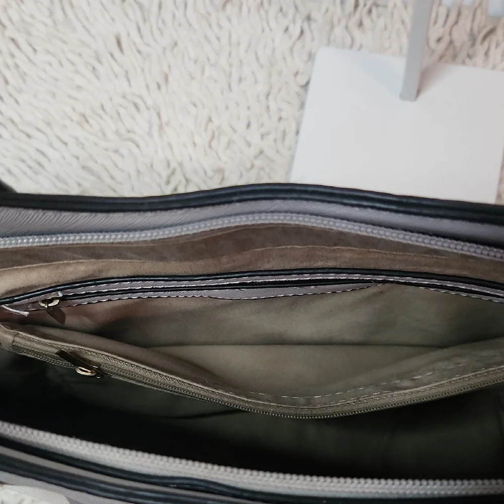 Gray and White Striped Tote with Gold Accents - Picture 5 of 5